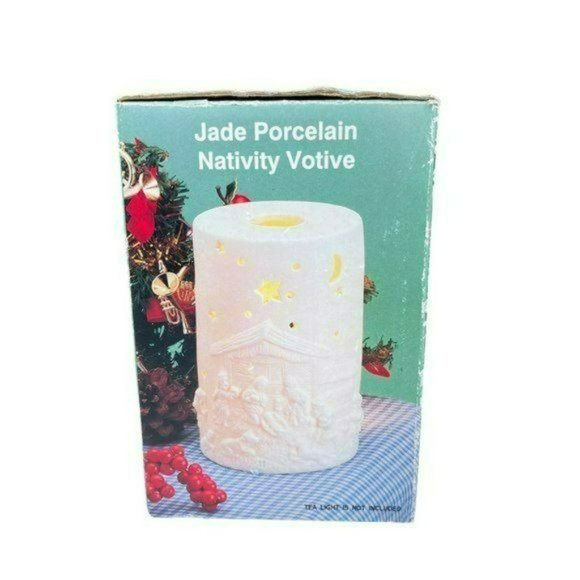 Ornamental Jade Porcelain Nativity Votive Candleholder 5in x 3.5in Holiday Decor - Picture 4 of 6